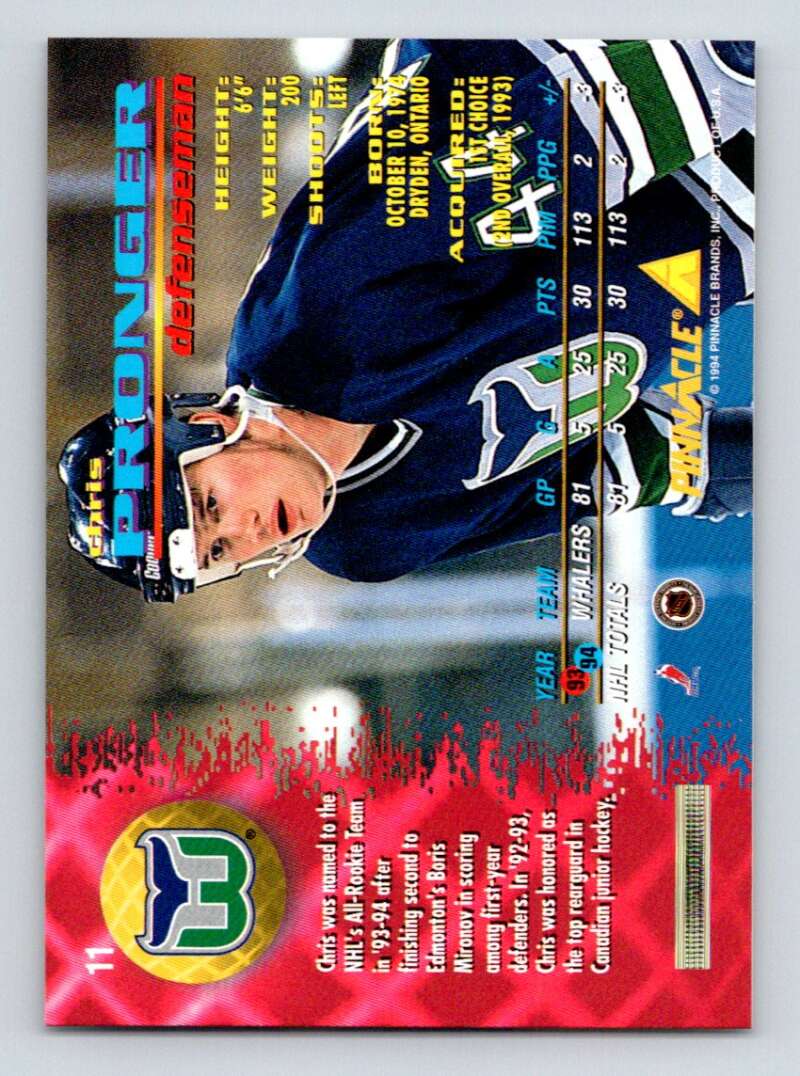 1994-95 Pinnacle #11 Chris Pronger Hartford Whalers Image 2
