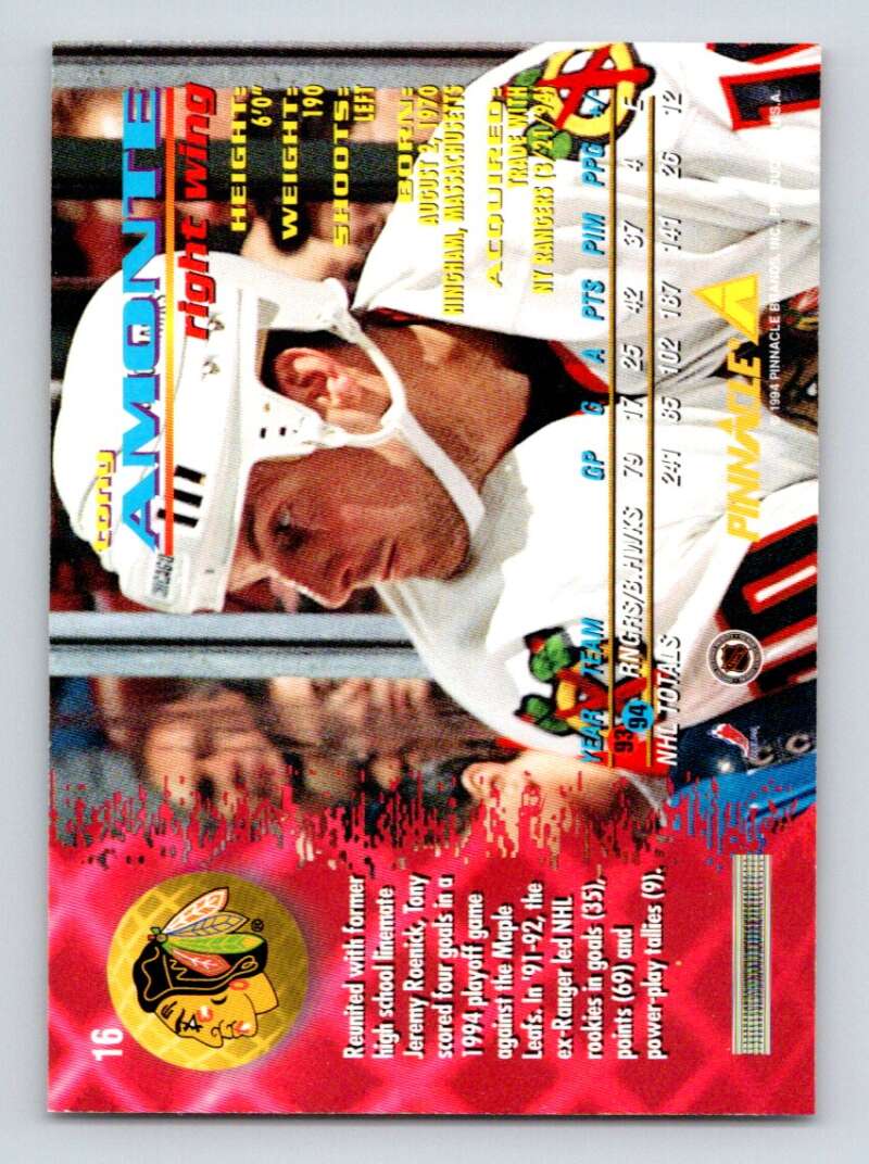 1994-95 Pinnacle #16 Tony Amonte Chicago Blackhawks Image 2