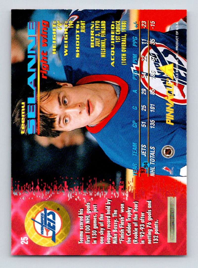 1994-95 Pinnacle #25 Teemu Selanne Winnipeg Jets Image 2