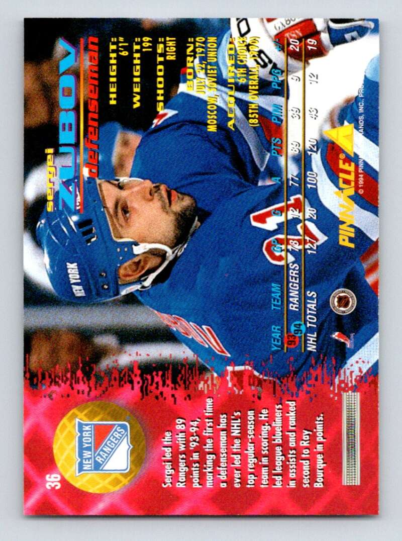 1994-95 Pinnacle #36 Sergei Zubov New York Rangers Image 2