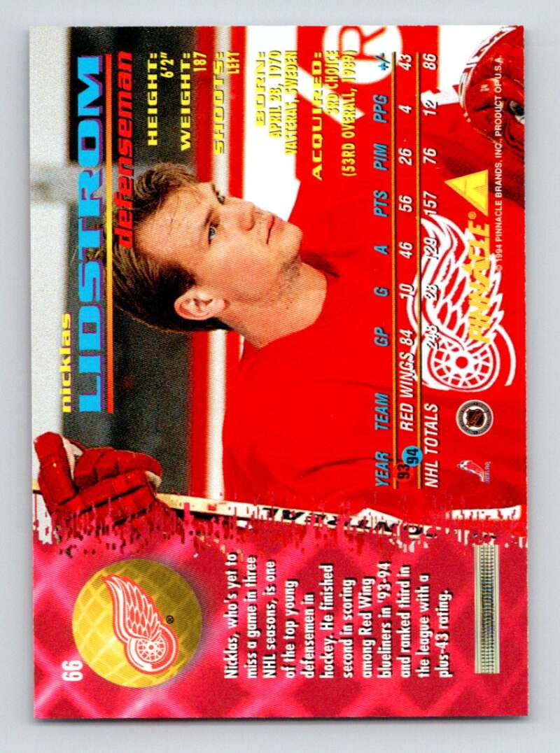 1994-95 Pinnacle #66 Nicklas Lidstrom Detroit Red Wings Image 2