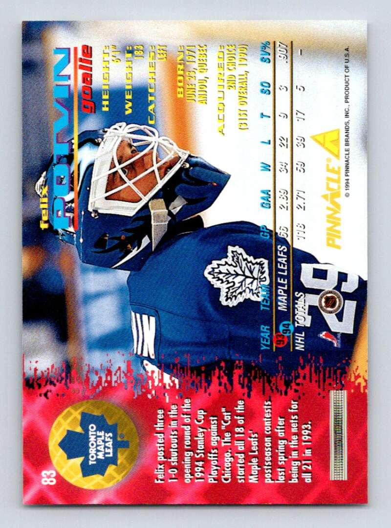 1994-95 Pinnacle #83 Felix Potvin Toronto Maple Leafs Image 2