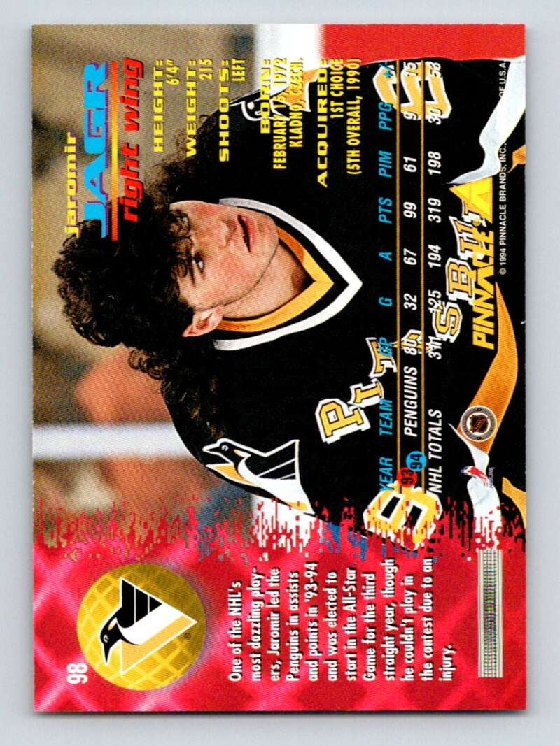 1994-95 Pinnacle #98 Jaromir Jagr Pittsburgh Penguins Image 2