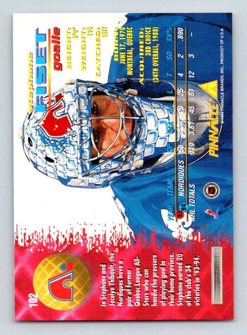 1994-95 Pinnacle #102 Stephane Fiset Quebec Nordiques Image 2