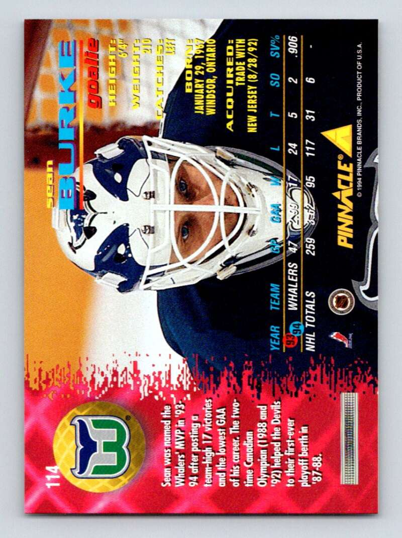 1994-95 Pinnacle #114 Sean Burke Hartford Whalers Image 2