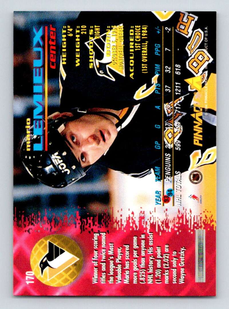 1994-95 Pinnacle #170 Mario Lemieux Pittsburgh Penguins Image 2