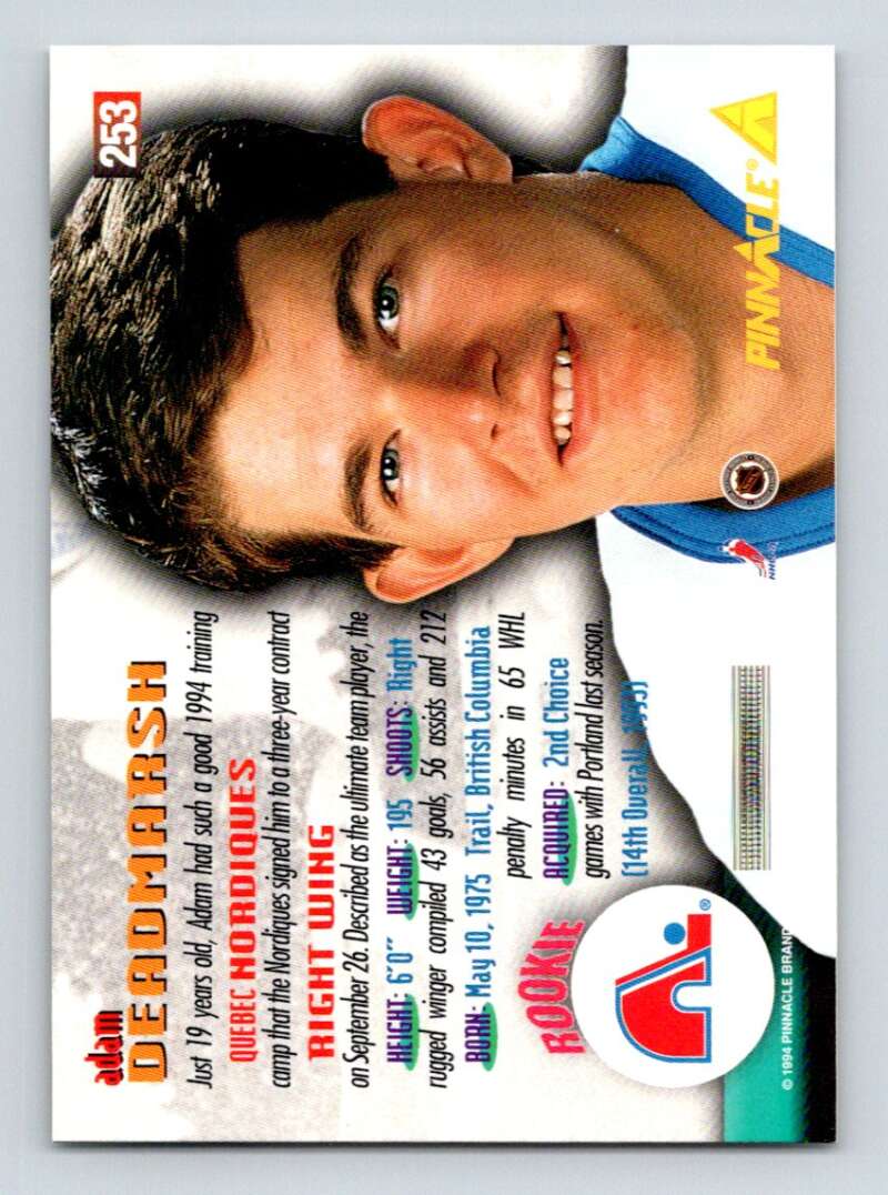 1994-95 Pinnacle #253 Adam Deadmarsh Quebec Nordiques Image 2