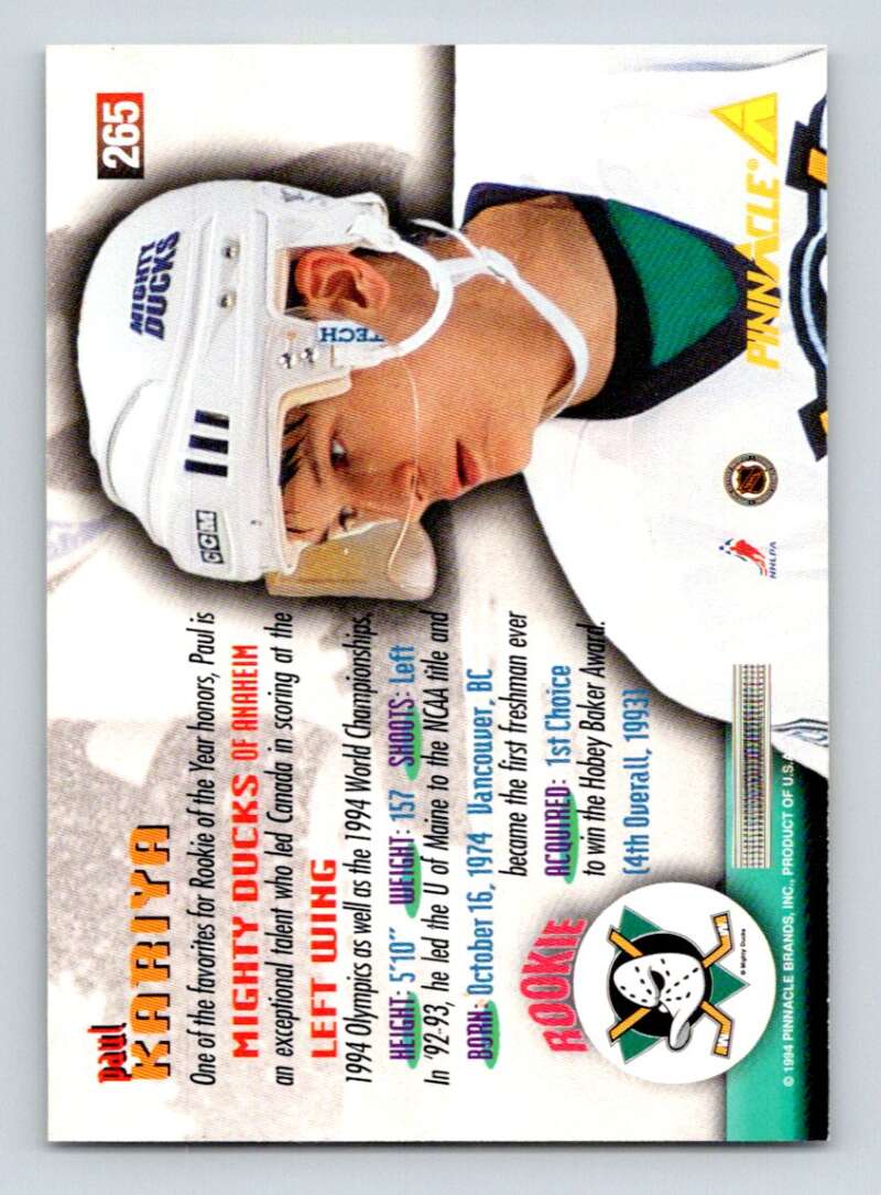 1994-95 Pinnacle #265 Paul Kariya Anaheim Ducks Image 2