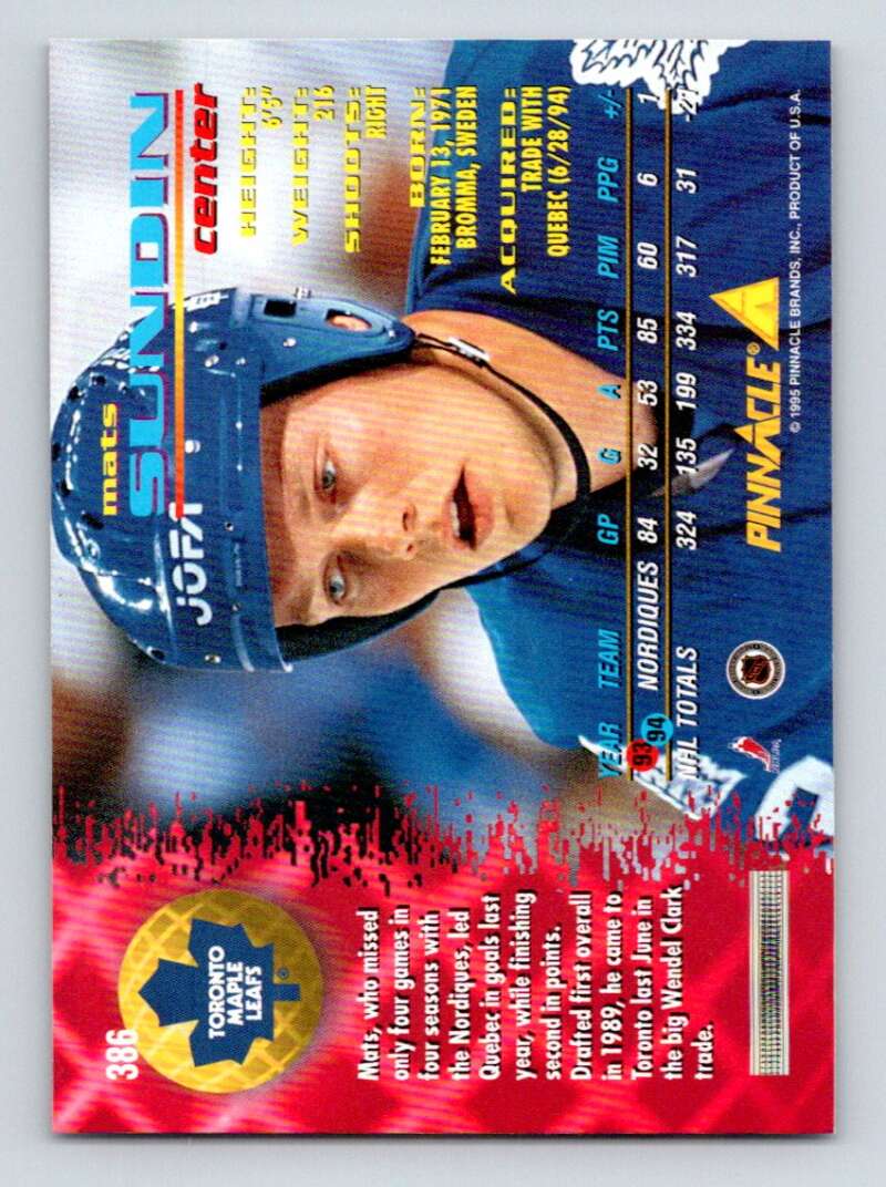1994-95 Pinnacle #386 Mats Sundin Toronto Maple Leafs Image 2