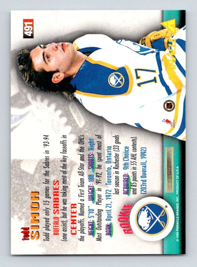 1994-95 Pinnacle #491 Todd Simon RC Rookie Buffalo Sabres Image 2