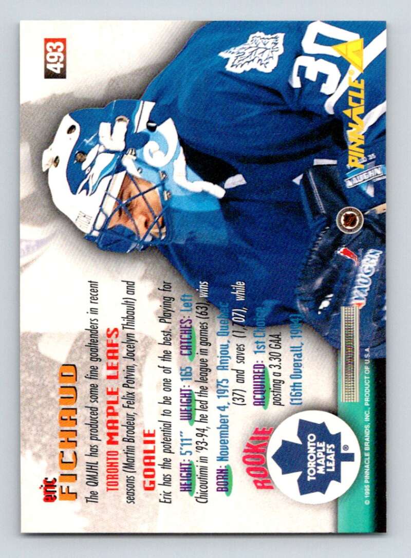 1994-95 Pinnacle #493 Eric Fichaud RC Rookie Toronto Maple Leafs Image 2