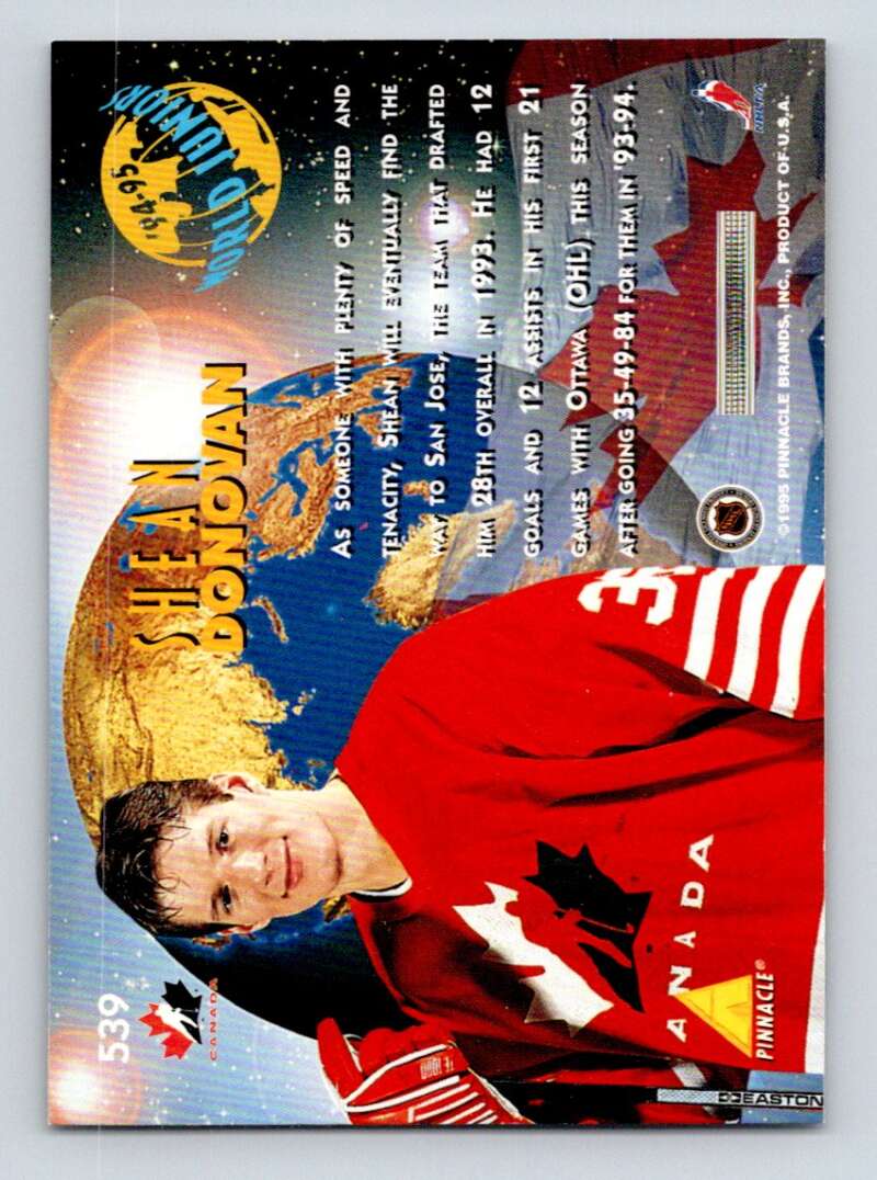 1994-95 Pinnacle #539 Shean Donovan RC Rookie San Jose Sharks Image 2
