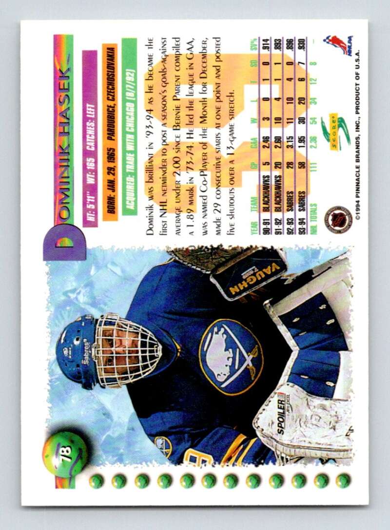1994-95 Score Hockey #78 Dominik Hasek/Pavel Bure Buffalo Sabres V90743 Image 2