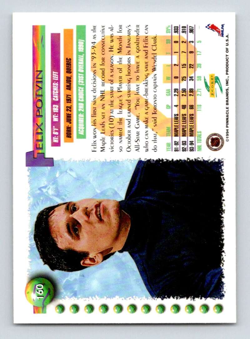 1994-95 Score Hockey #160 Felix Potvin Toronto Maple Leafs V90825 Image 2