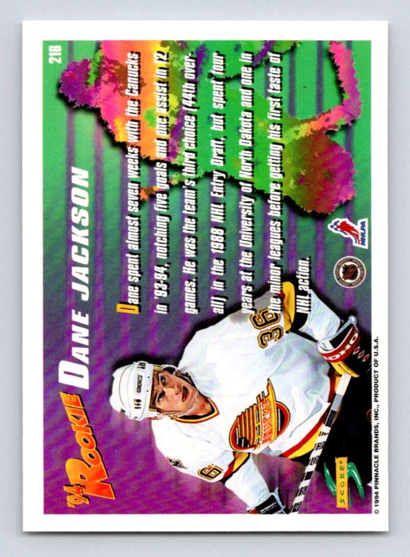 1994-95 Score Hockey #216 Dane Jackson RC Rookie Vancouver Canucks V90881 Image 2