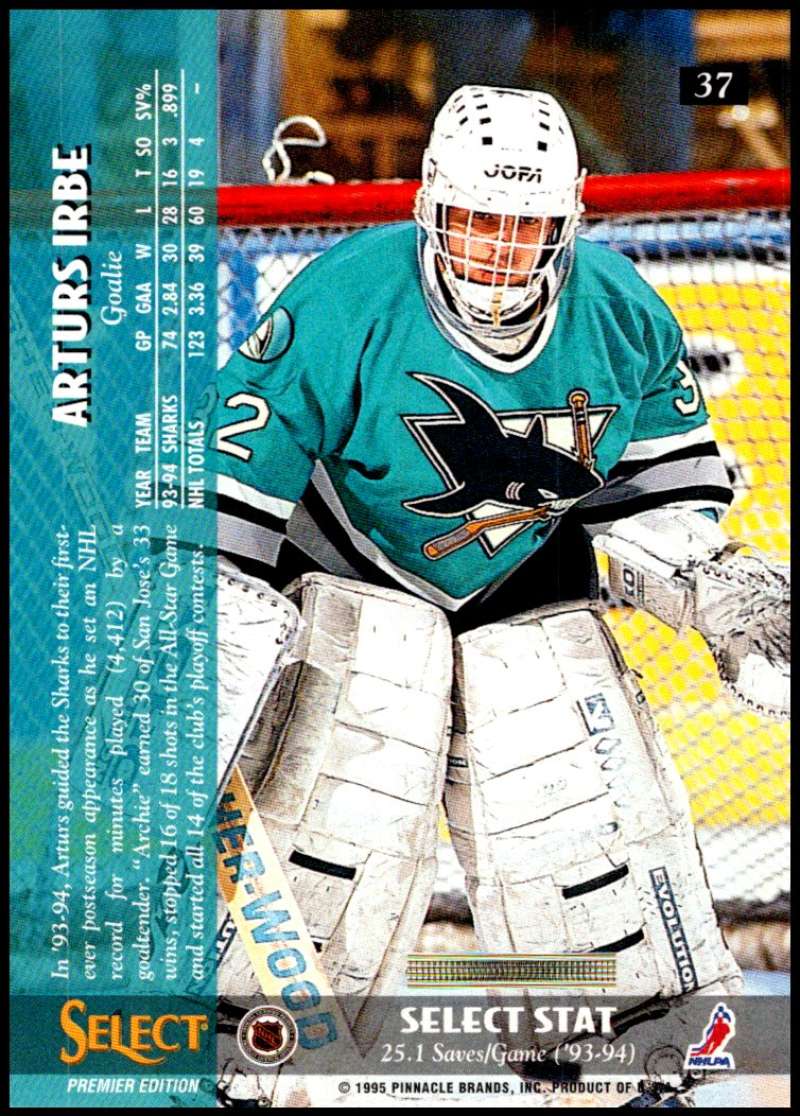 1994-95 Select Hockey #37 Arturs Irbe San Jose Sharks V89892 Image 2
