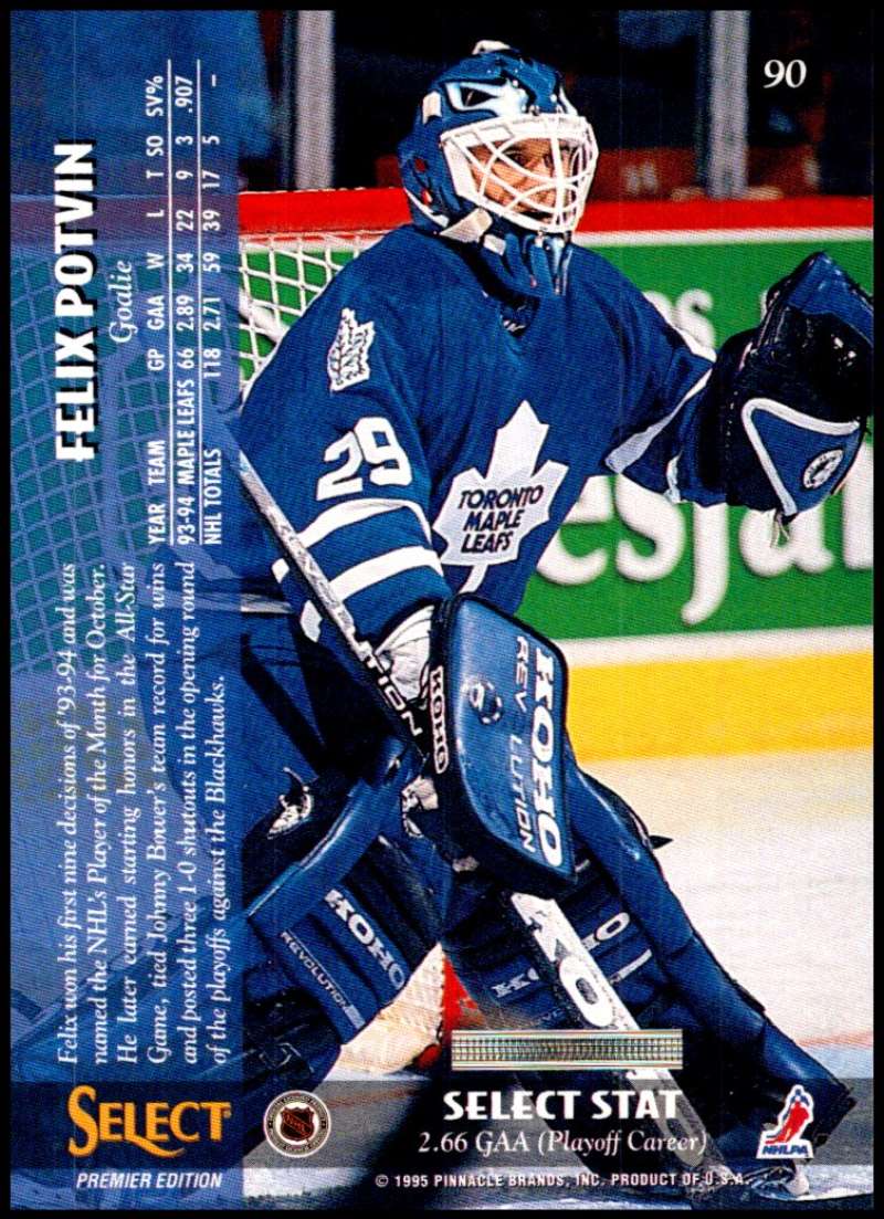 1994-95 Select Hockey #90 Felix Potvin  Toronto Maple Leafs  V89944 Image 2