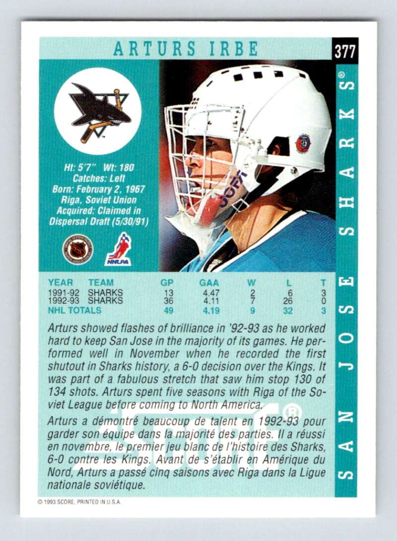 1993-94 Score Canadian #377 Arturs Irbe Hockey San Jose Sharks Image 2