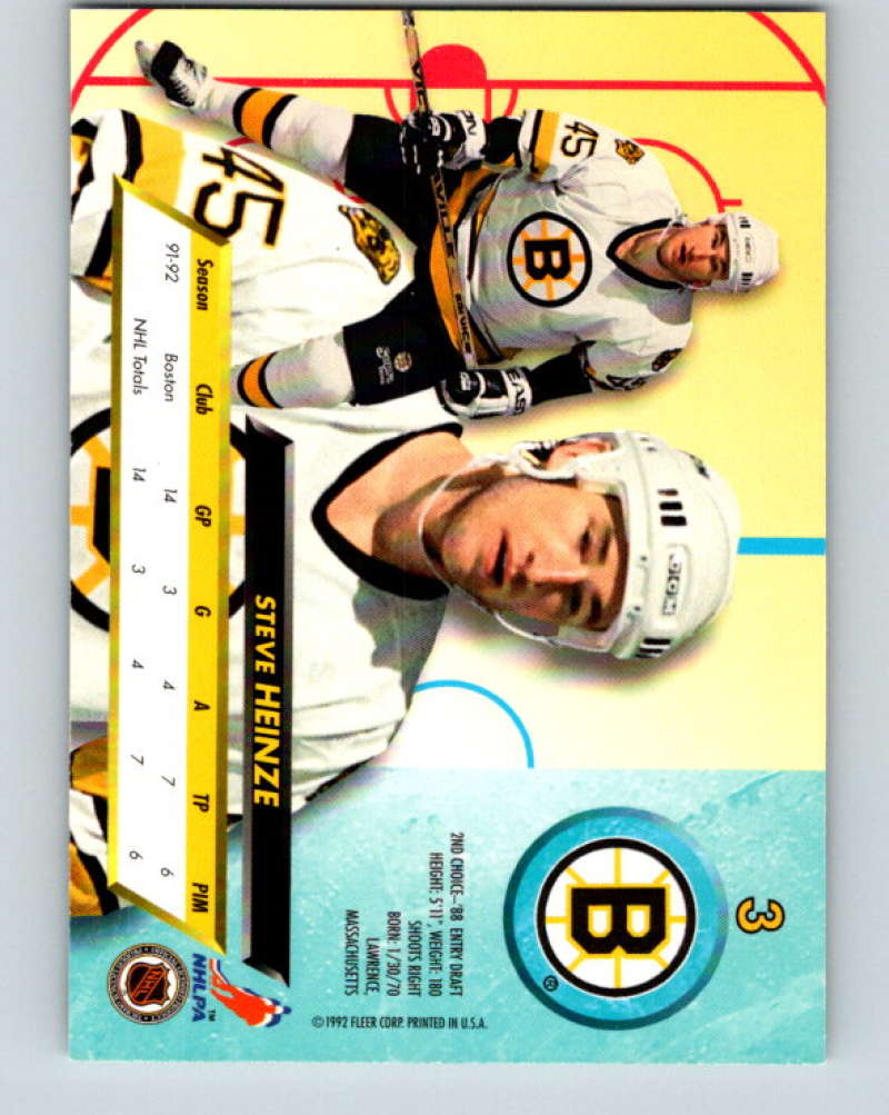 1992-93 Fleer Ultra #3 Steve Heinze Boston Bruins Image 2