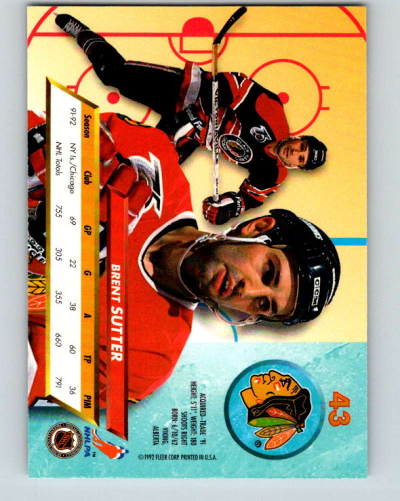 1992-93 Fleer Ultra #43 Brent Sutter Chicago Blackhawks Image 2