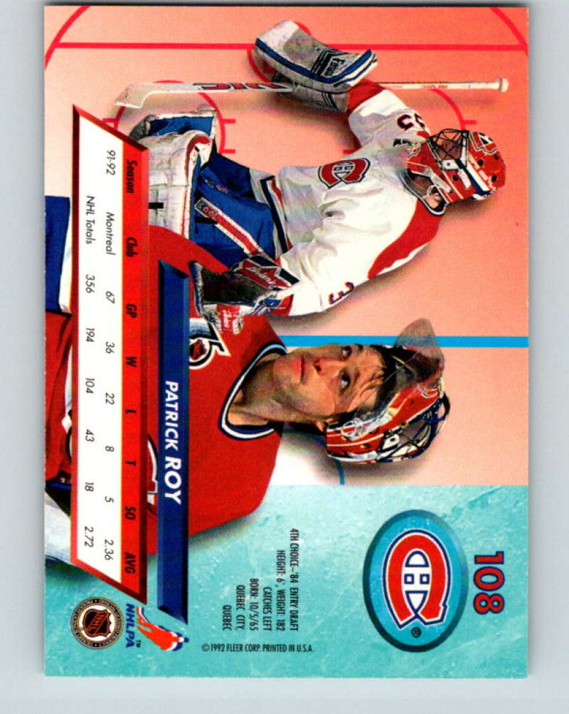 1992-93 Fleer Ultra #108 Patrick Roy Montreal Canadiens Image 2