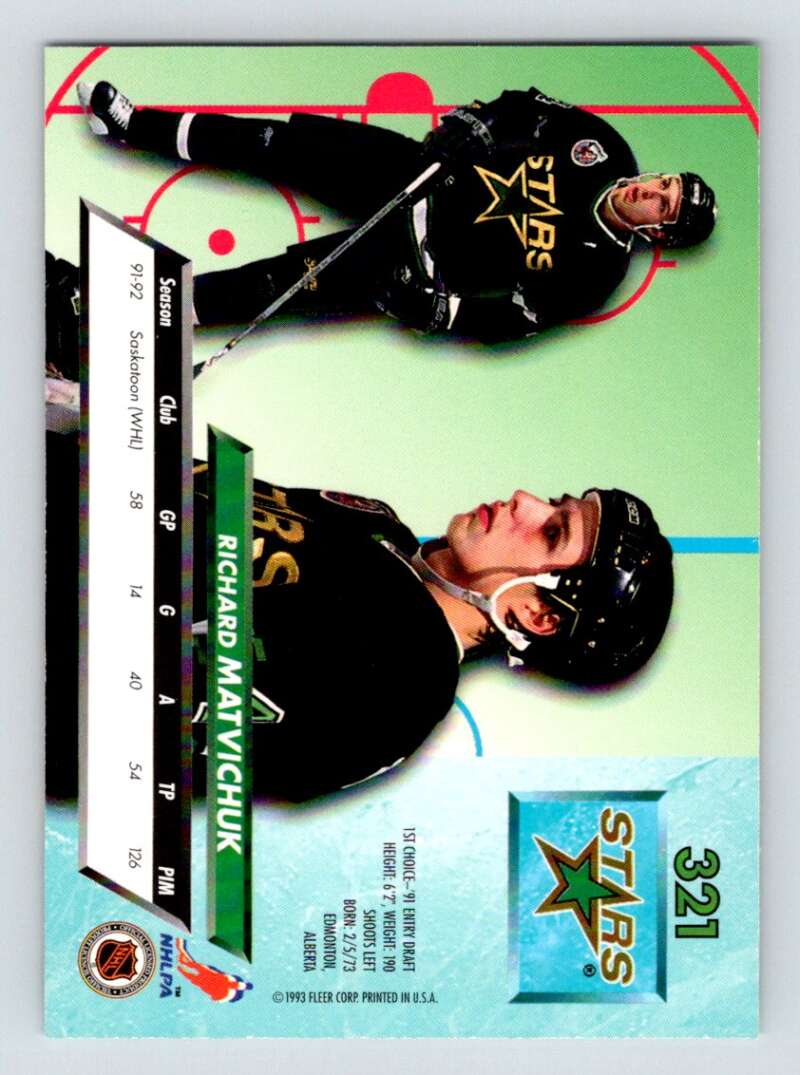 1992-93 Fleer Ultra #321 Richard Matvichuk RC Rookie Minnesota North Stars Image 2