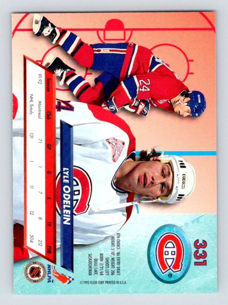 1992-93 Fleer Ultra #331 Lyle Odelein Montreal Canadiens Image 2