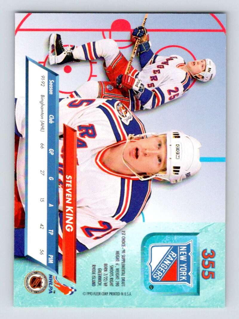 1992-93 Fleer Ultra #355 Steven King RC Rookie New York Rangers Image 2