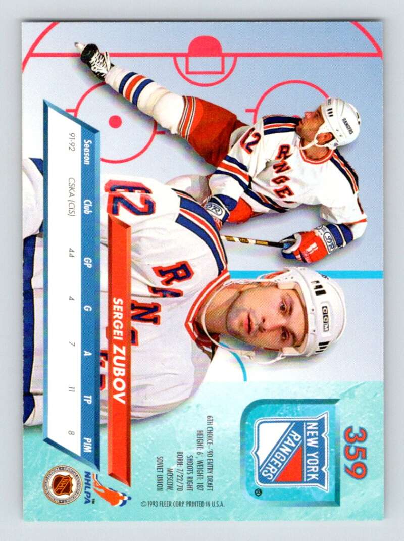1992-93 Fleer Ultra #359 Sergei Zubov RC Rookie New York Rangers Image 2
