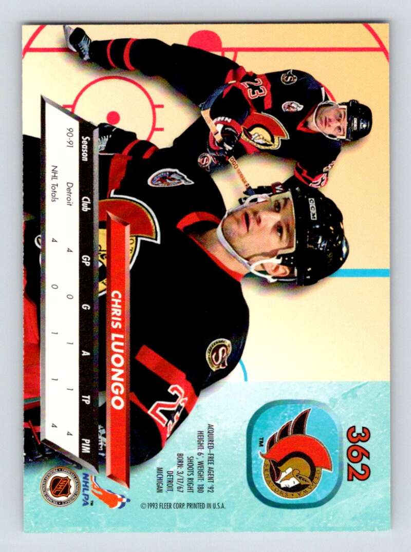 1992-93 Fleer Ultra #362 Chris Luongo RC Rookie Ottawa Senators Image 2