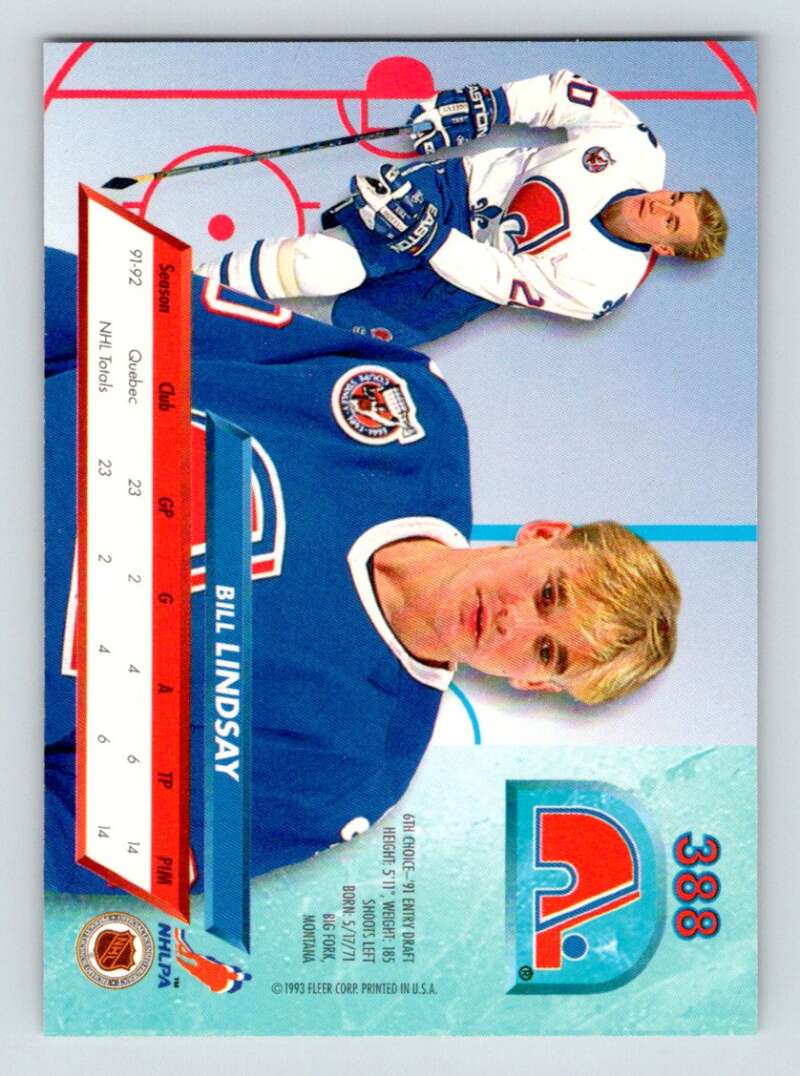 1992-93 Fleer Ultra #388 Bill Lindsay RC Rookie Quebec Nordiques Image 2
