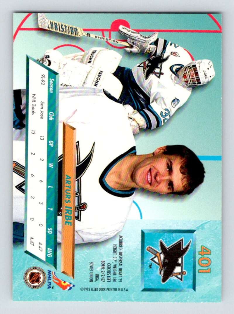 1992-93 Fleer Ultra #401 Arturs Irbe San Jose Sharks Image 2