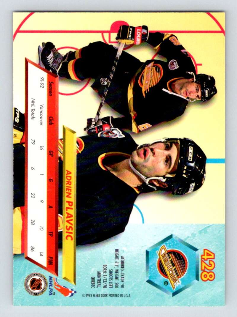1992-93 Fleer Ultra #428 Adrien Plavsic Vancouver Canucks Image 2