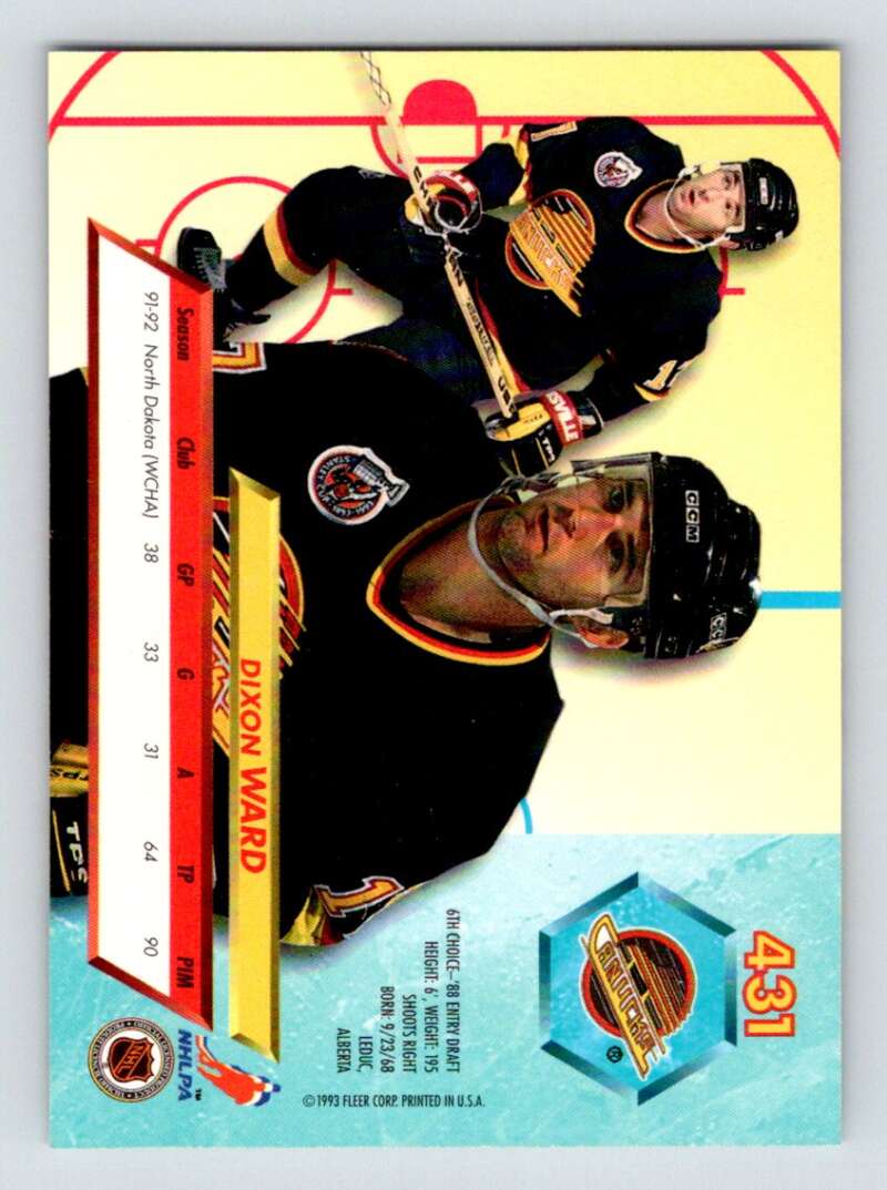 1992-93 Fleer Ultra #431 Dixon Ward RC Rookie Vancouver Canucks Image 2