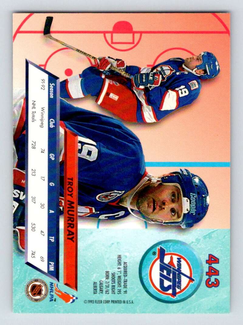 1992-93 Fleer Ultra #443 Troy Murray Winnipeg Jets Image 2