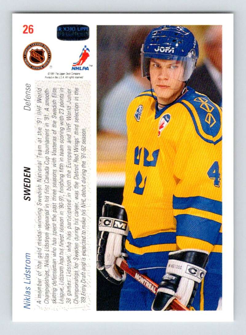 1991-92 Upper Deck #26 Nicklas Lidstrom RC Rookie Detroit Red Wings Image 2