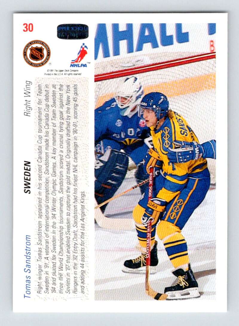 1991-92 Upper Deck #30 Tomas Sandstrom Los Angeles Kings Image 2