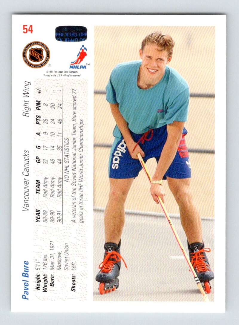 1991-92 Upper Deck #54 Pavel Bure Vancouver Canucks Image 2