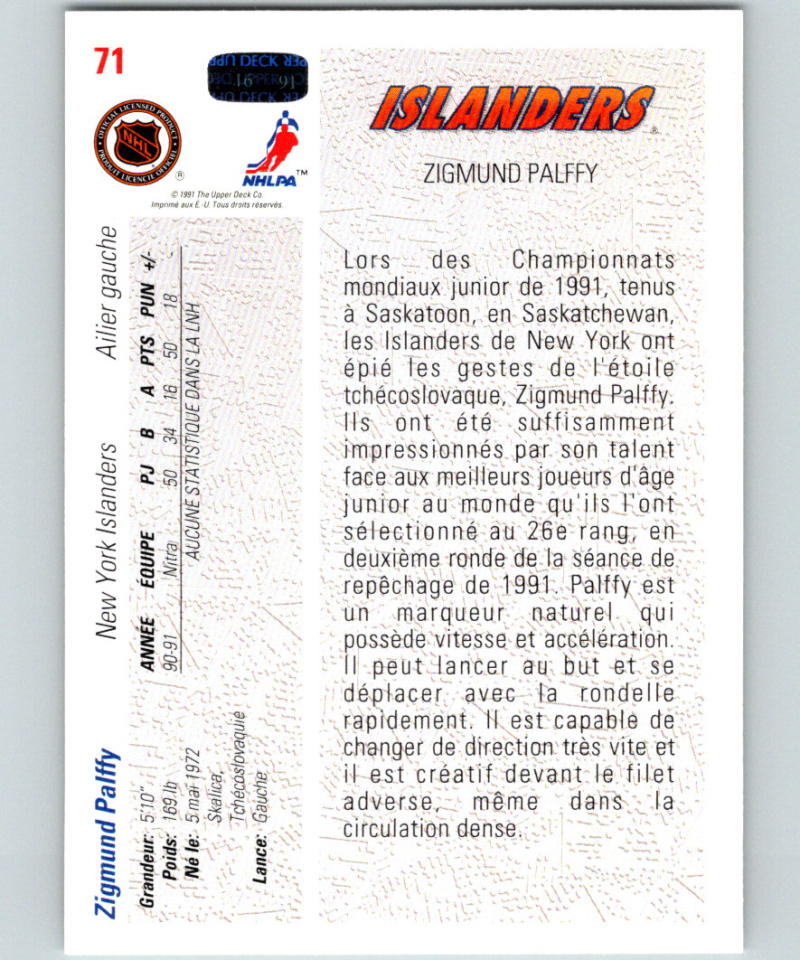 1991-92 Upper Deck #71 Zigmund Palffy RC Rookie Image 2
