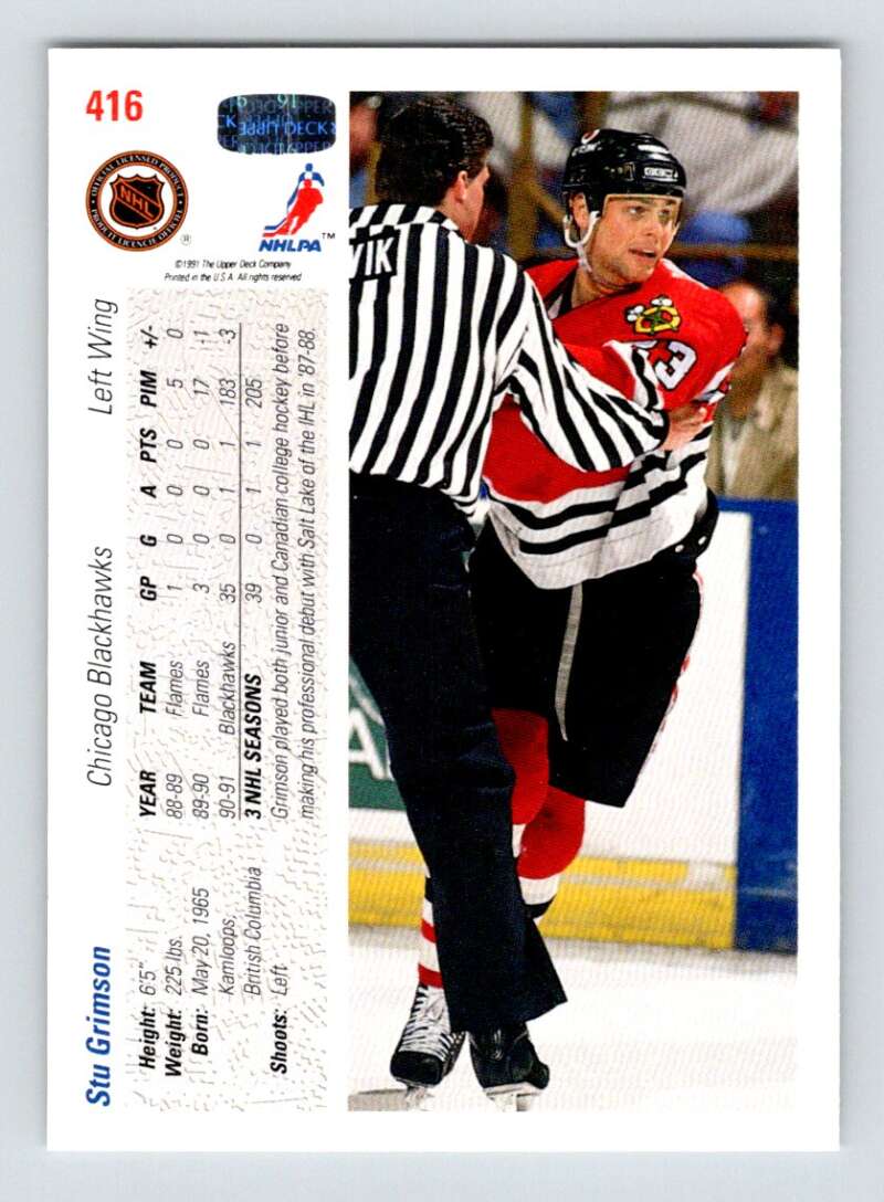 1991-92 Upper Deck #416 Stu Grimson RC Rookie Image 2