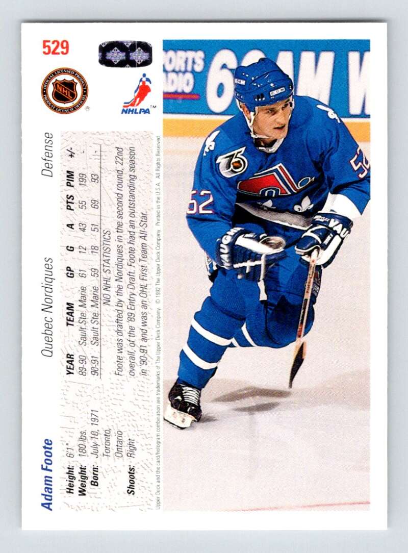 1991-92 Upper Deck #529 Adam Foote RC Rookie Quebec Nordiques Image 2
