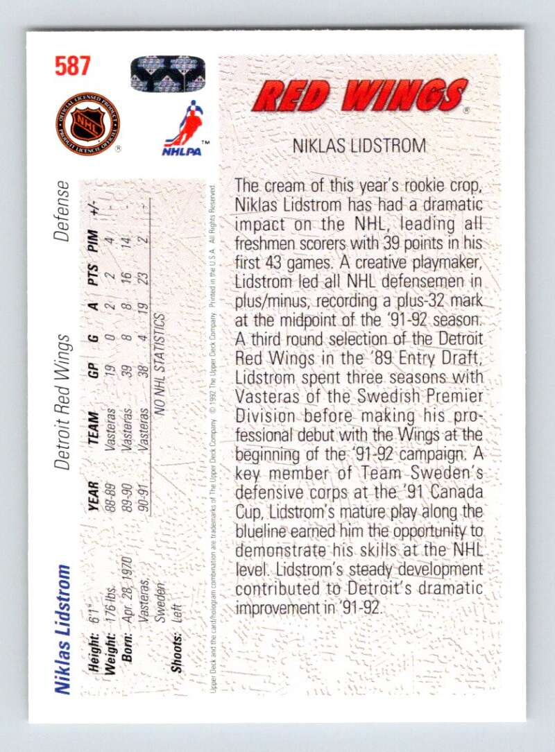 1991-92 Upper Deck #587 Nicklas Lidstrom Detroit Red Wings Image 2