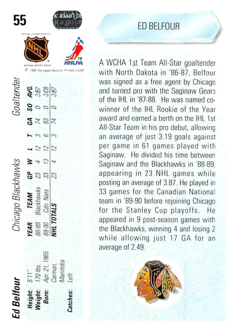1990-91 Upper Deck Hockey  #55 Ed Belfour  RC Rookie Chicago Blackhawks  Image 2
