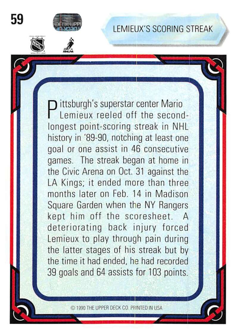 1990-91 Upper Deck Hockey #59 Mario Lemieux Pittsburgh Penguins Image 2