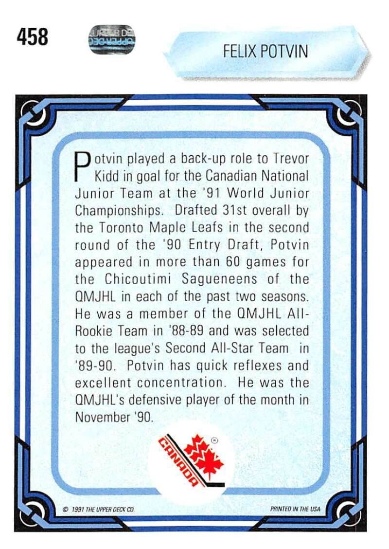 1990-91 Upper Deck Hockey #458 Felix Potvin RC Rookie Image 2