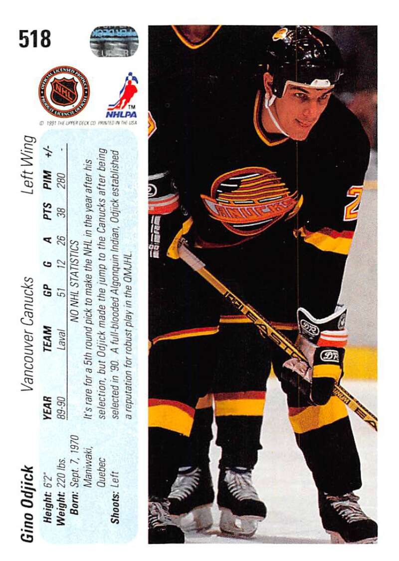 1990-91 Upper Deck Hockey #518 Gino Odjick RC Rookie Vancouver Canucks Image 2