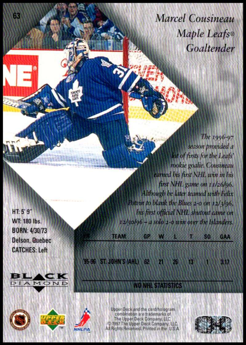 1996-97 Black Diamond #63 Marcel Cousineau RC Rookie Toronto Maple Leafs V90117 Image 2