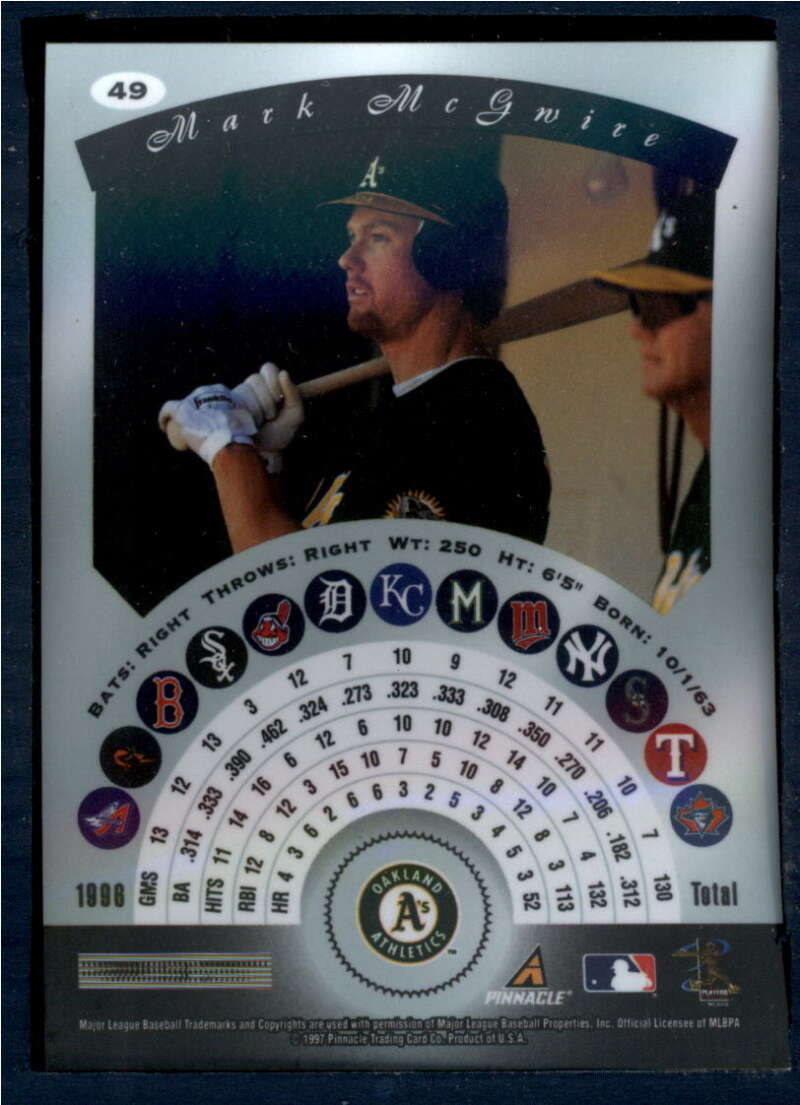 1997 Pinnacle Certified Baseball #49 Mark McGwire Oakland Athletics V86515 Image 2