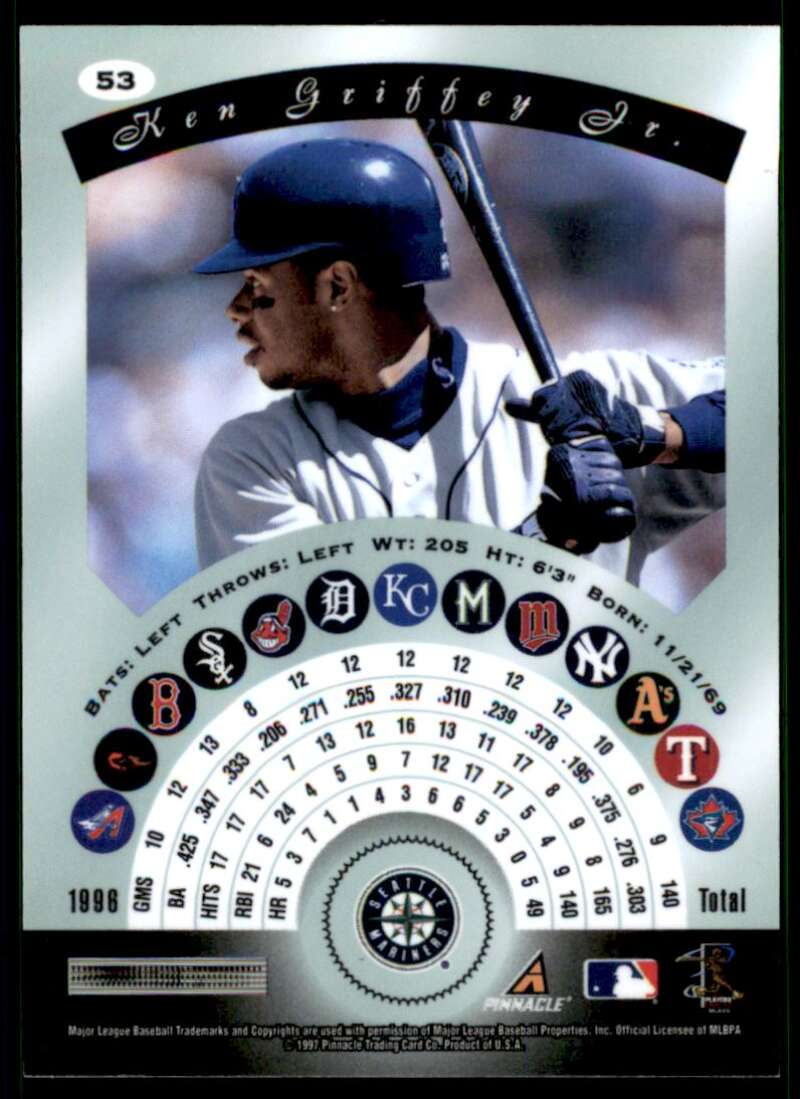 1997 Pinnacle Certified Baseball #53 Ken Griffey Jr.  Seattle Mariners  V86519 Image 2