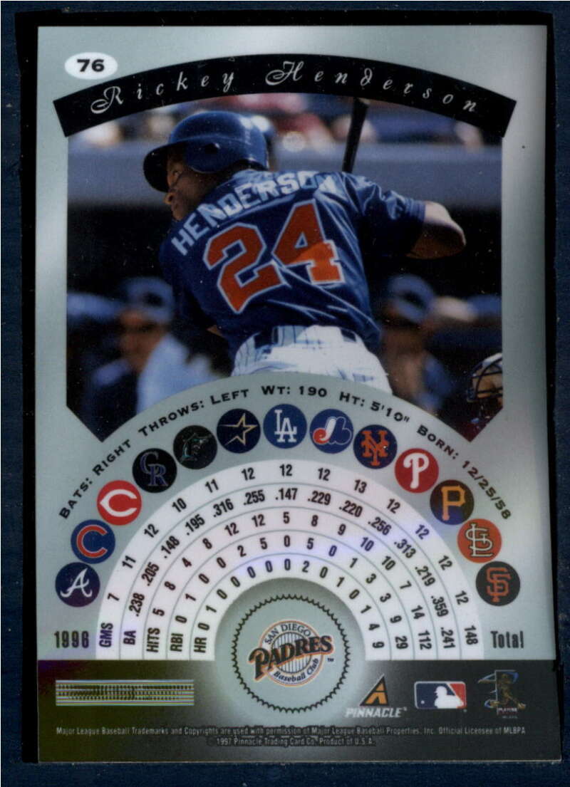 1997 Pinnacle Certified Baseball #76 Rickey Henderson Padres  V86542 Image 2